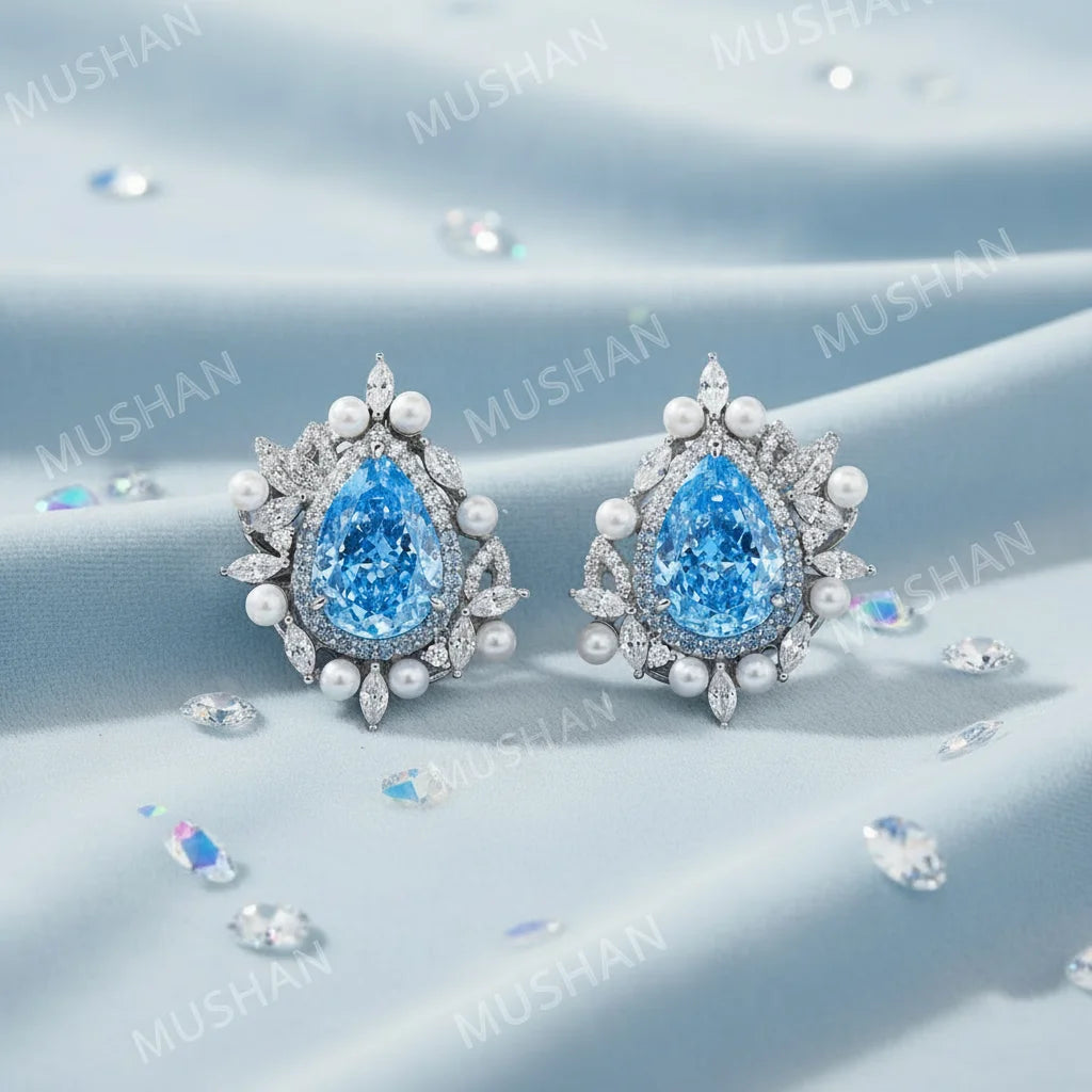 Boucles d'oreilles clous MUSHAN en véritable argent sterling 925 pour femme, avec aigue-marine et perle, bijoux fins S925