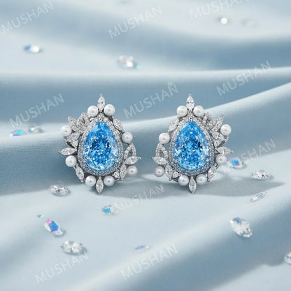 Boucles d'oreilles clous MUSHAN en véritable argent sterling 925 pour femme, avec aigue-marine et perle, bijoux fins S925