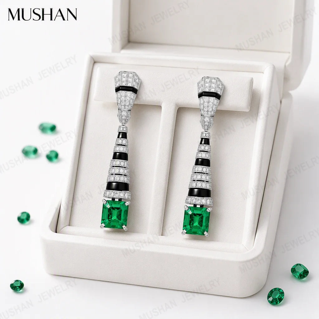MuShan Jewelry 925 Sterling Silver Drop Earrings Women Black Enamel 2.5ctw Green Gemstones 79mm Long Earrings Stud Fine Jewelry