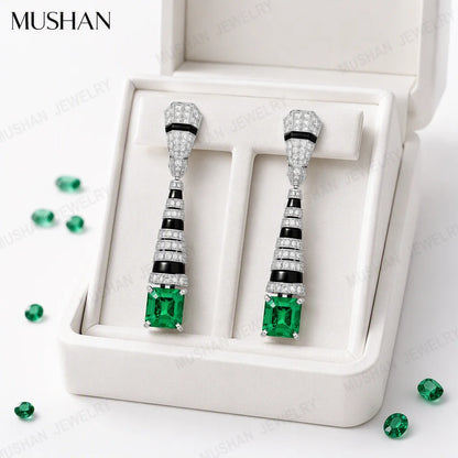 MuShan Jewelry 925 Sterling Silver Drop Earrings Women Black Enamel 2.5ctw Green Gemstones 79mm Long Earrings Stud Fine Jewelry