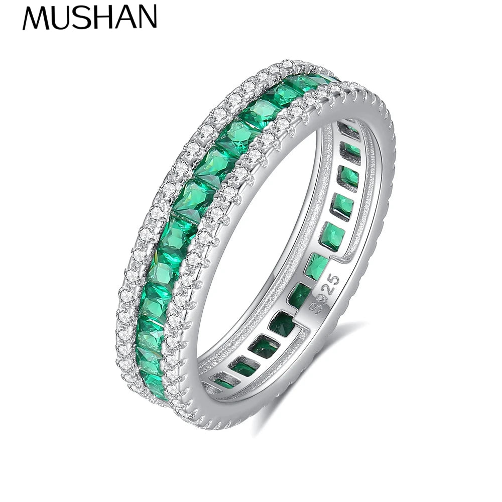 Bague carrée MUSHAN Luxury Jewelry en argent sterling S925, ornée d'une double rangée de diamants verts, bijou élégant pour femme