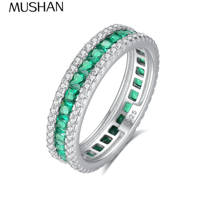 Bague carrée MUSHAN Luxury Jewelry en argent sterling S925, ornée d'une double rangée de diamants verts, bijou élégant pour femme