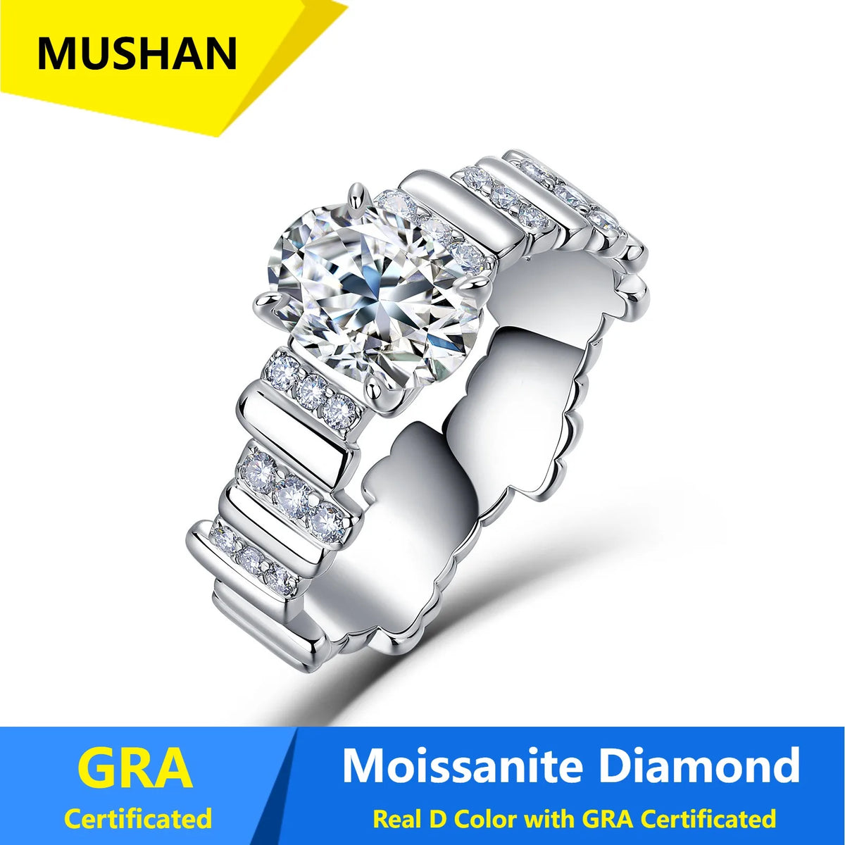 Anillo de banda de plata de ley 925 de MUSHAN Luxury Jewelry para mujer, anillo de diamante de moissanita con certificado GRA, esmeralda, color D, joyería fina
