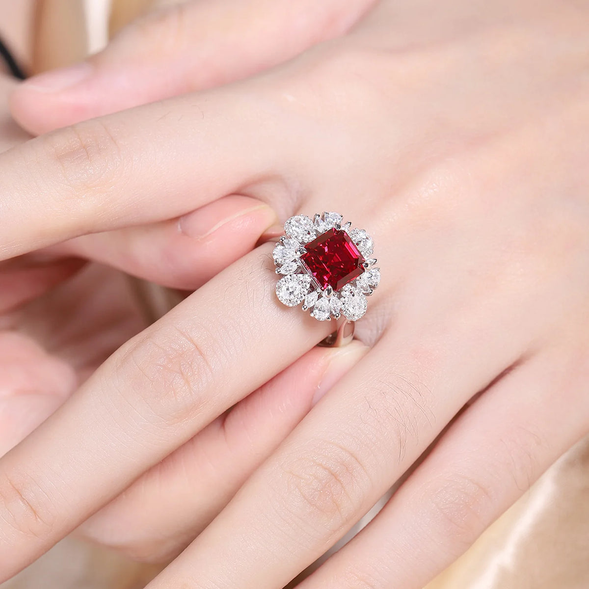 MUSHAN Custom Jewelry 925 Sterling Silver Ring Lab Red Ruby Cushion Engagement Wedding for Women 18K Gold Plated Classic Rings