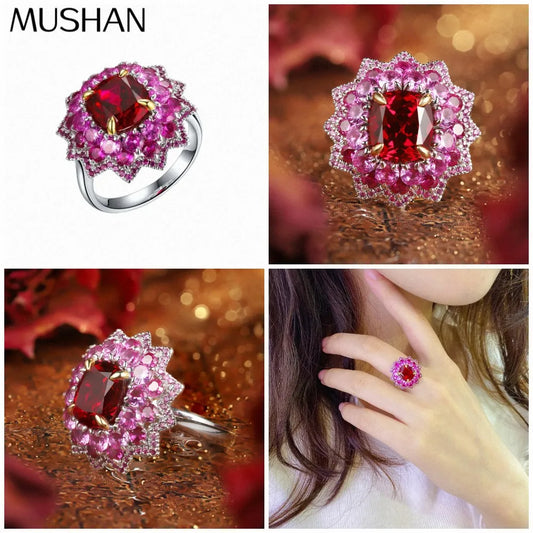 MUSHAN Custom Jewelry 925 Sterling Silver Ring Lab Grown Ruby Cushion Luxury Ring for Women 18K Gold Plated Anniversary Rings
