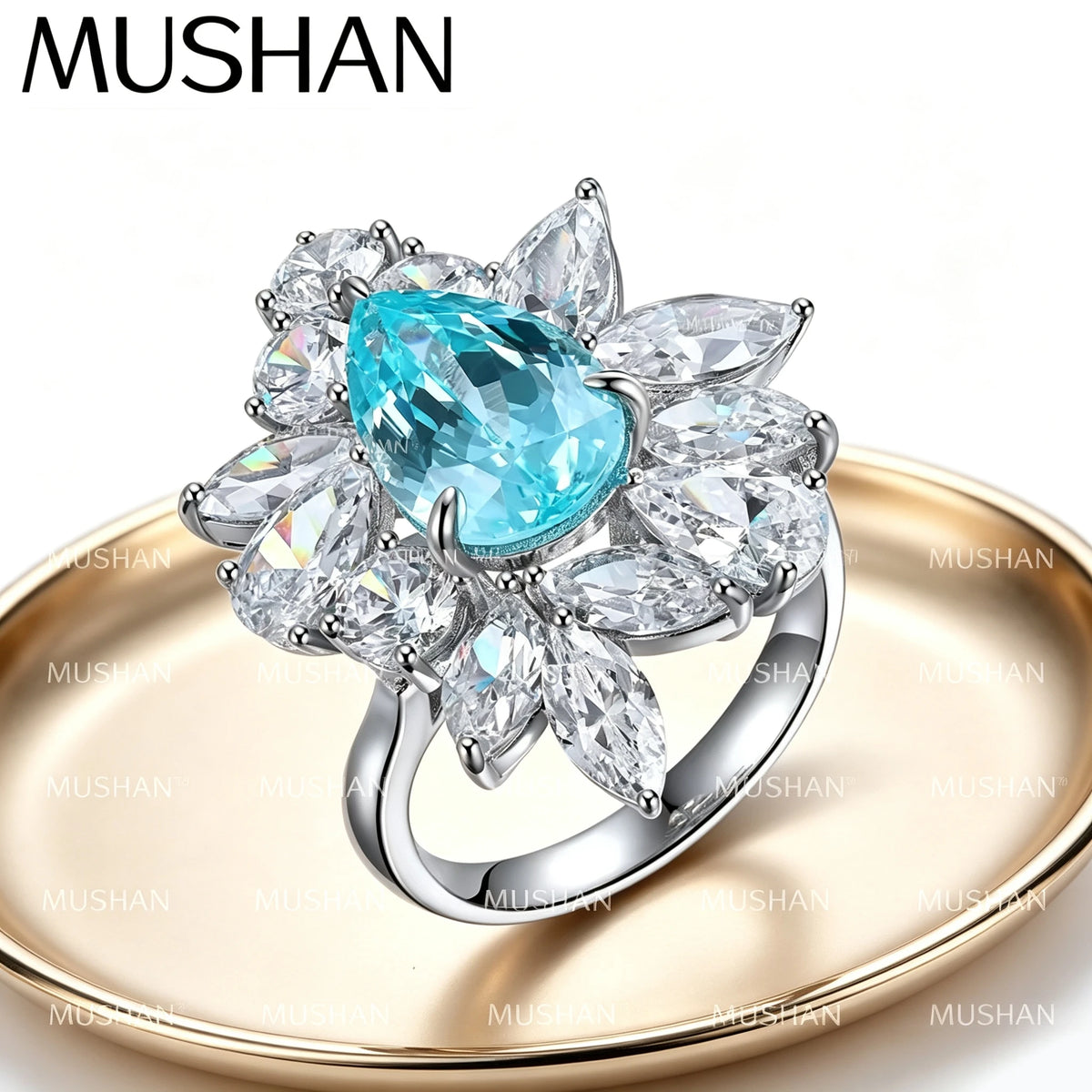 Bague de fiançailles classique MUSHAN pour femme, en argent sterling 925 plaqué or 18 carats, ornée d'une émeraude ronde de laboratoire bleu-vert.