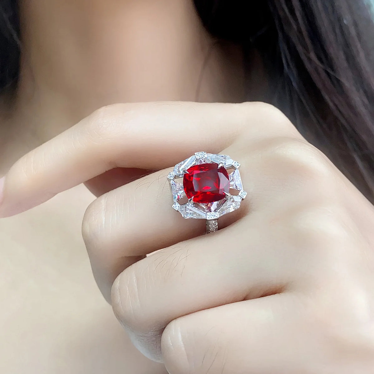 MUSHAN Custom Jewelry 925 Sterling Silver Ring Lab Red Emerald Heart Engagement Ring for Women 18K Gold Plated Engagement Ring