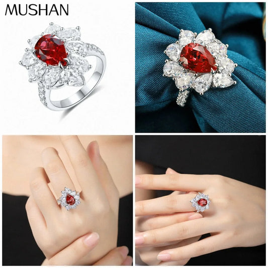 Anillo de compromiso MUSHAN de plata de ley 925 con rubí rojo cultivado de corte redondo para mujer, bañado en oro de 18 quilates, con certificado GRC