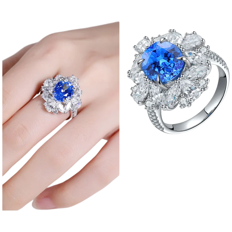 MUSHAN Custom Jewelry 925 Sterling Silver Ring Lab Blue Emerald Marquise Anniversary Ring for Women 18K Gold Plated Estate Ring