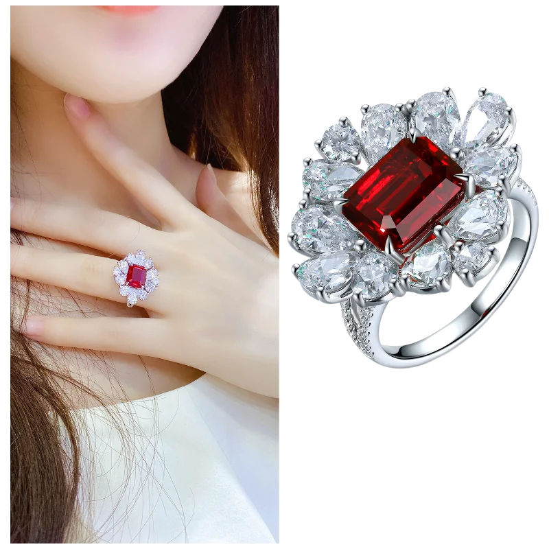 MUSHAN Custom Jewelry 925 Sterling Silver Ring Lab Blue Ruby Radiant Wedding Gift for Women 18K Gold Plated Anniversary Rings