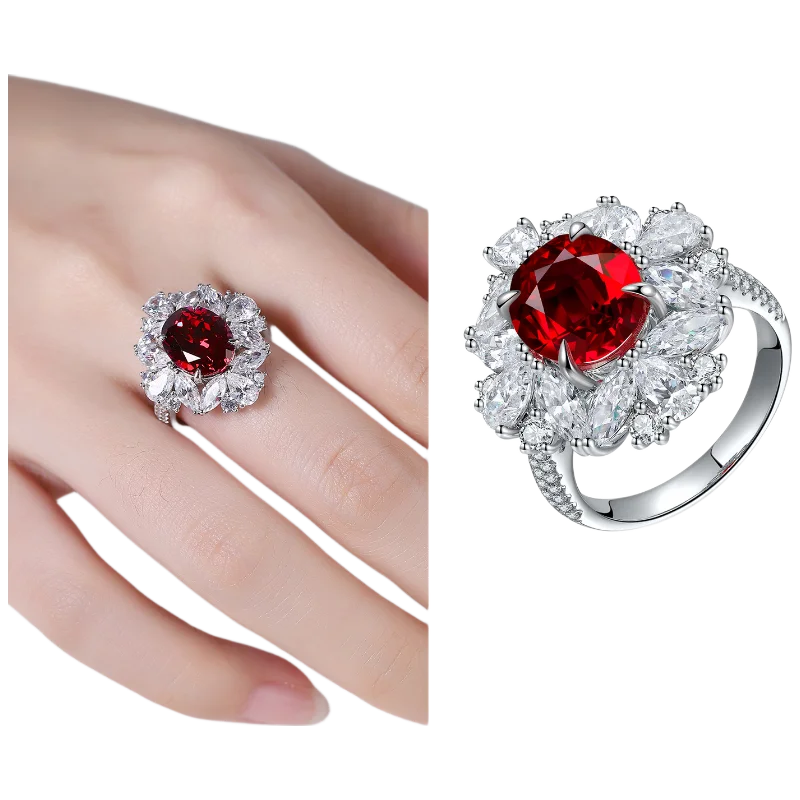 MUSHAN Custom Jewelry 925 Sterling Silver Ring Lab Red Emerald Heart Engagement Ring for Women 18K Gold Plated GRC Estate Ring