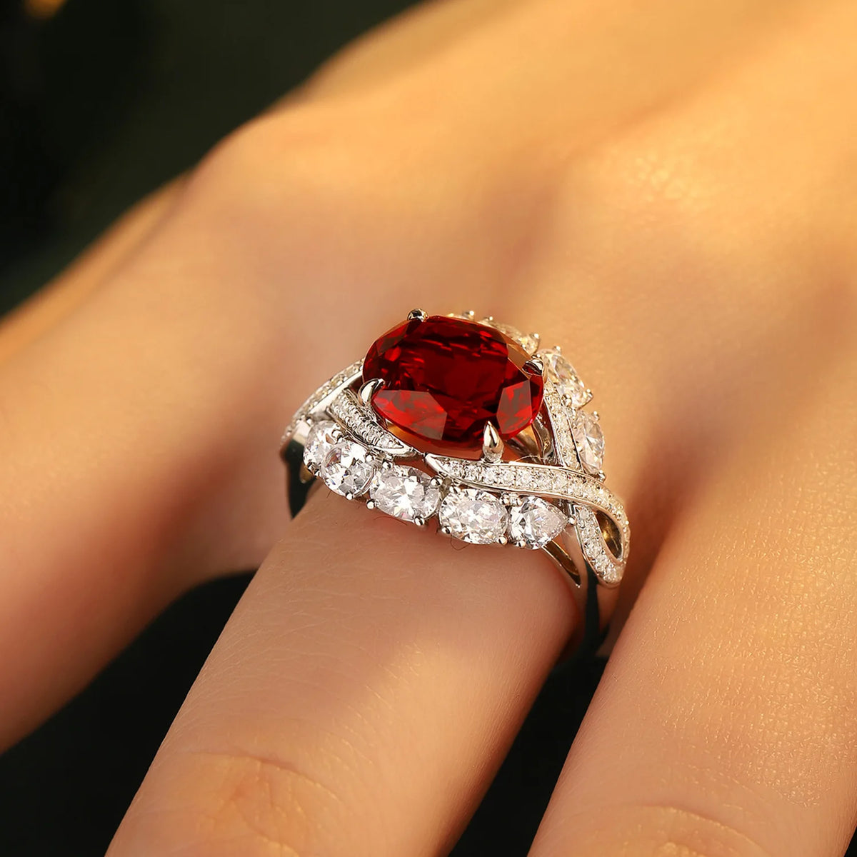 MUSHAN Custom Jewelry 925 Sterling Silver Ring Lab Red Sapphire Oval Bridal Promise for Women 18K Gold Plated Anniversary Ring