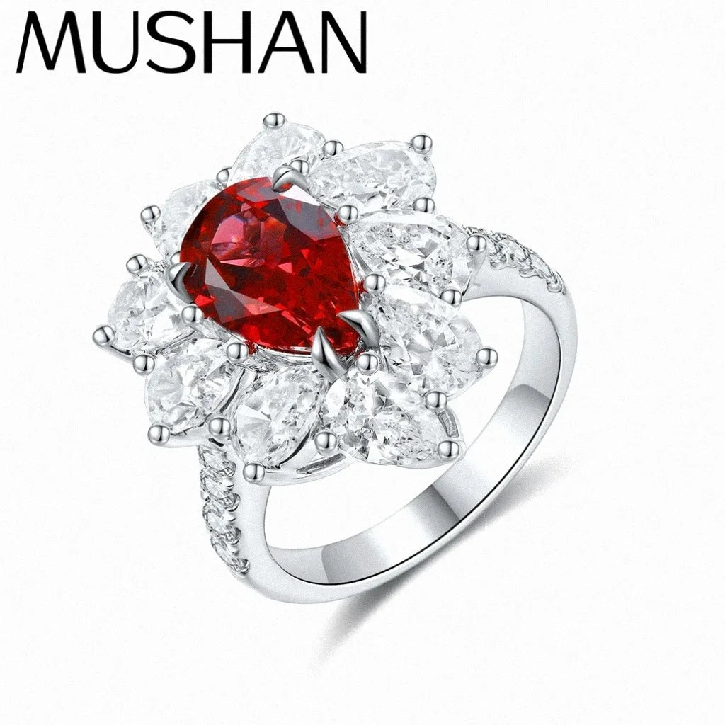 MUSHAN Custom Jewelry 925 Sterling Silver Ring Lab Red Ruby Round Bridal Ring for Women 18K Gold Plated GRC Certificate Rings