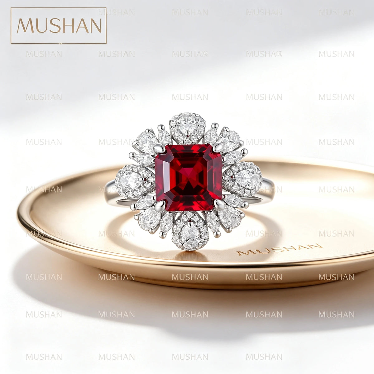 MUSHAN Custom Jewelry 925 Sterling Silver Ring Lab Red Ruby Cushion Engagement Wedding for Women 18K Gold Plated Classic Rings