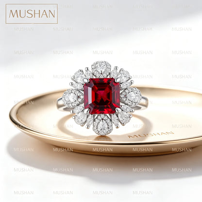 MUSHAN Custom Jewelry 925 Sterling Silver Ring Lab Red Ruby Cushion Engagement Wedding for Women 18K Gold Plated Classic Rings