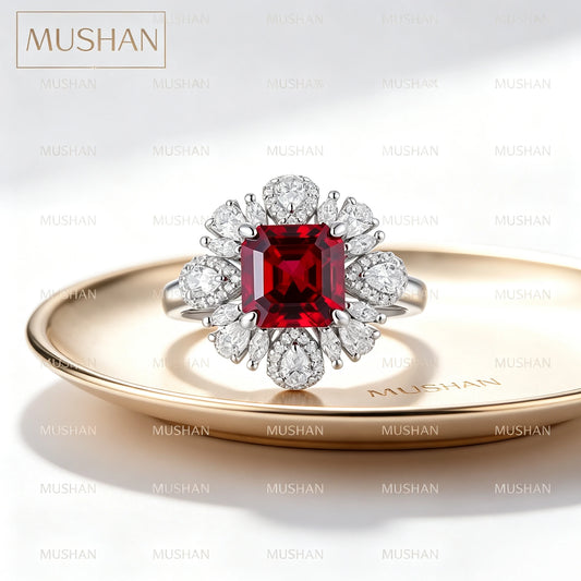 Bague de fiançailles et mariage MUSHAN en argent sterling 925 personnalisée pour femme, avec rubis rouge de laboratoire taille coussin, plaquée or 18 carats, classique