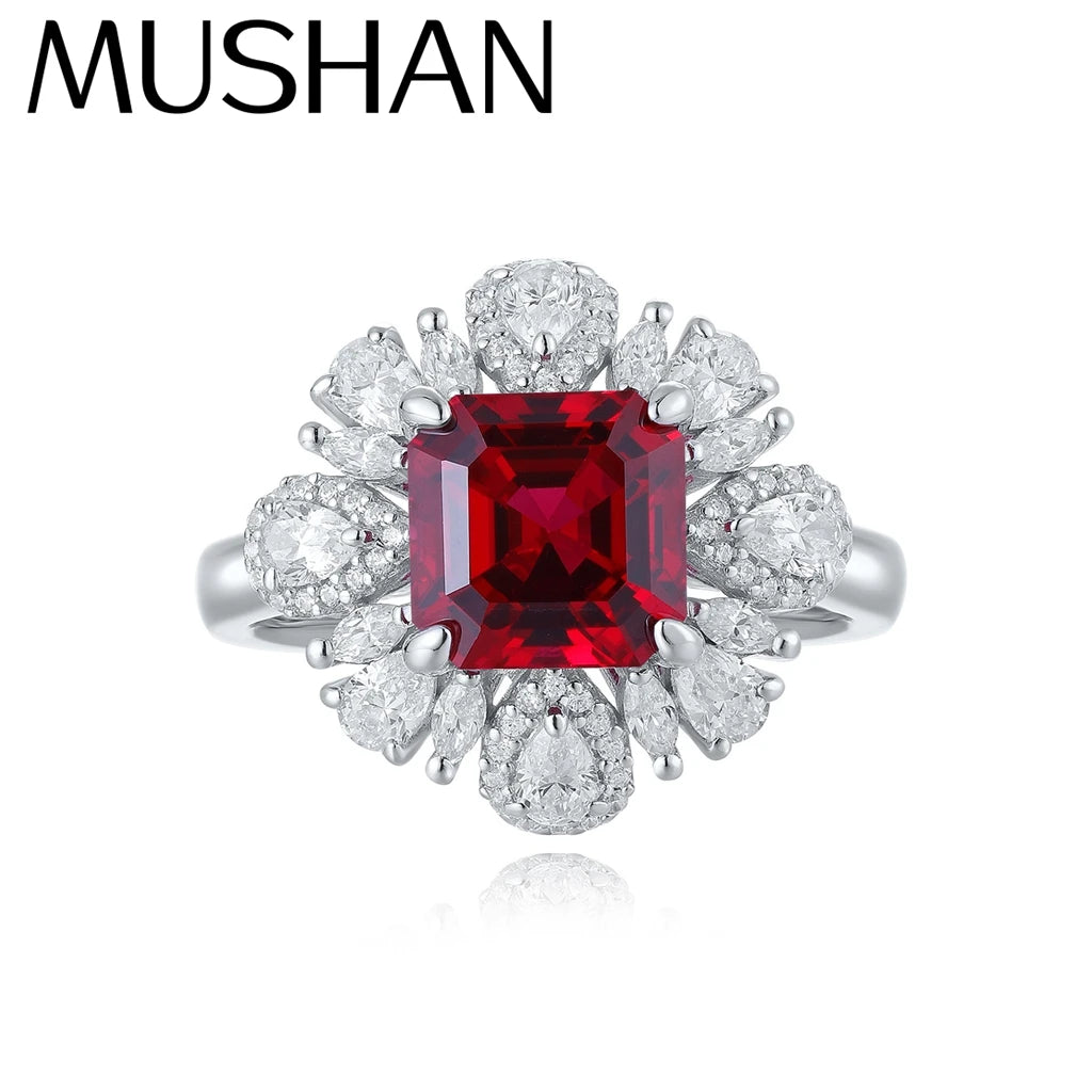 MUSHAN Custom Jewelry 925 Sterling Silver Ring Lab Red Ruby Cushion Engagement Wedding for Women 18K Gold Plated Classic Rings