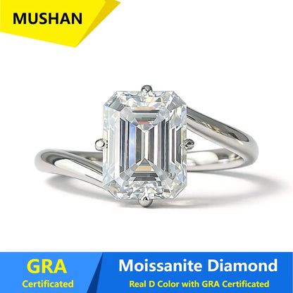 Anillo de lujo MUSHAN de plata de ley 925 para mujer, con diamante moissanite esmeralda de color D certificado por GRA, joyería fina