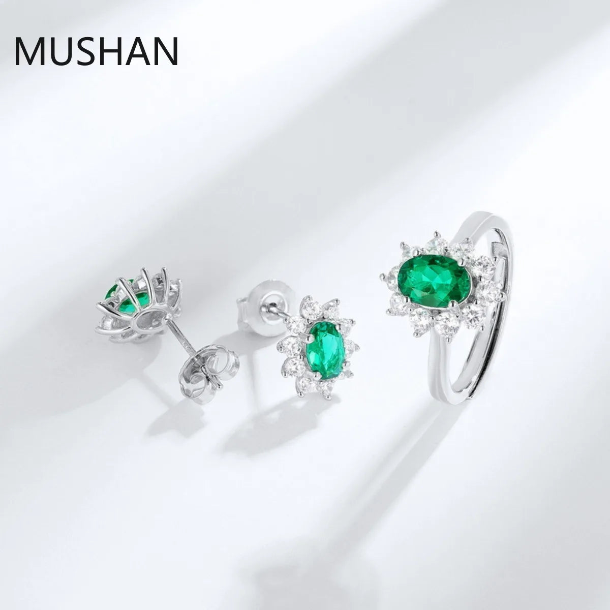 MUSHAN Bijoux de luxe Boucles d'oreilles à tige en argent sterling S925 pour femme, boucles d'oreilles à tige en émeraude cultivée en laboratoire certifiée GRC