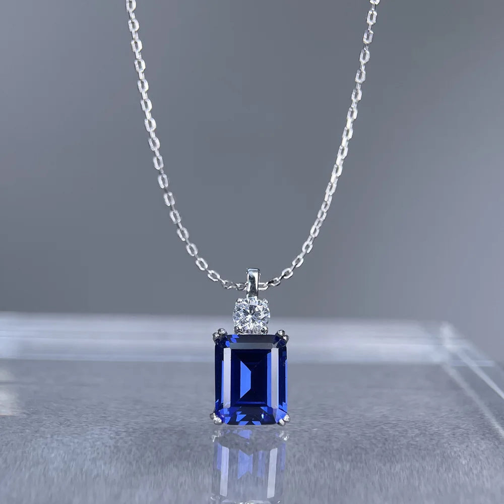 MuShan Jewelry 925 Sterling Silver Necklace Lab Grown Sapphire Round Party Wear for Women 18K Gold Plated Anniversary Necklace