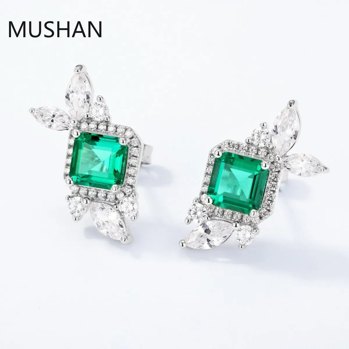 Boucles d'oreilles clous MUSHAN Luxury Jewelry en argent sterling 925 pour femmes, boucles d'oreilles à tige avec émeraude de laboratoire certifiée GRC