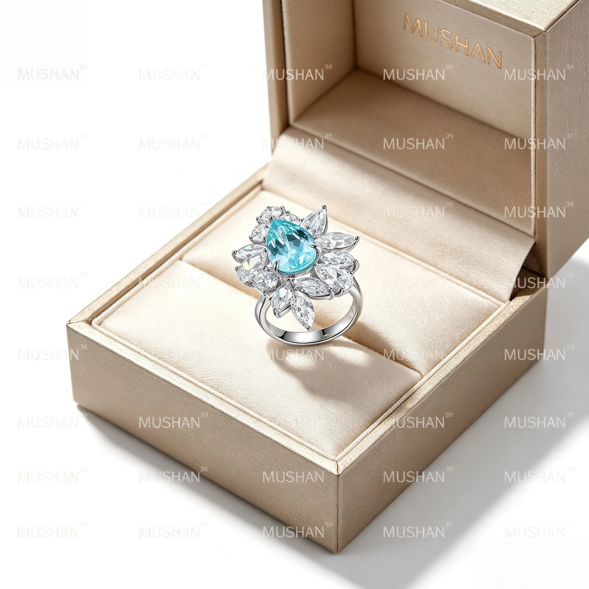 Bague de fiançailles classique MUSHAN pour femme, en argent sterling 925 plaqué or 18 carats, ornée d'une émeraude ronde de laboratoire bleu-vert.