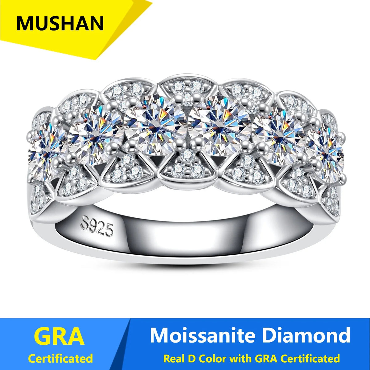 MUSHAN Luxury Jewelry 925 Sterling Silver Ring Band Women GRA Certificated Moissanite Diamond Emerald D Color Rings Fine Jewelry