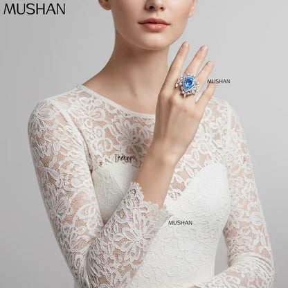 MUSHAN Luxury Jewelry 925 Sterling Silver Rings Bands High Carbon Gemstones 11*15mm Aquamarine Water Drop Ring S925 Fine Jewelry