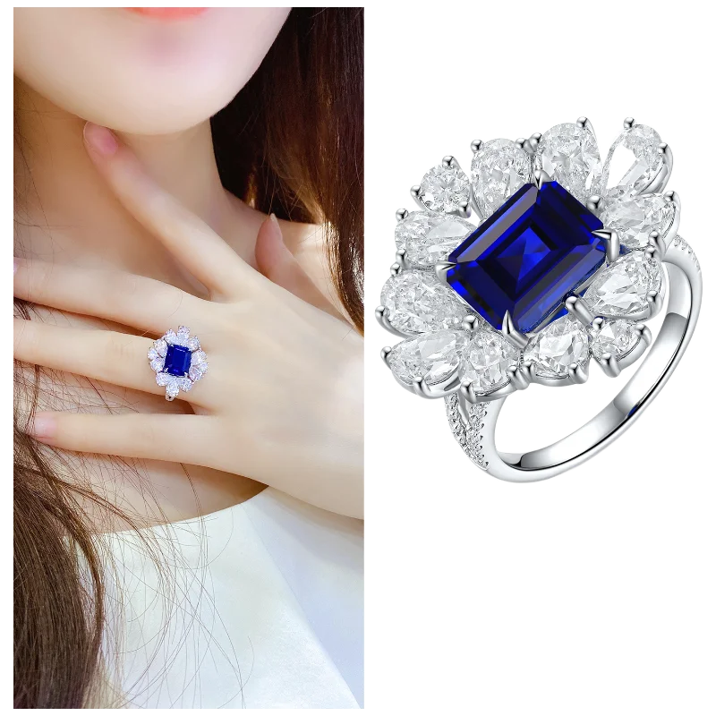 MUSHAN Custom Jewelry 925 Sterling Silver Ring Lab Blue Ruby Radiant Wedding Gift for Women 18K Gold Plated Anniversary Rings