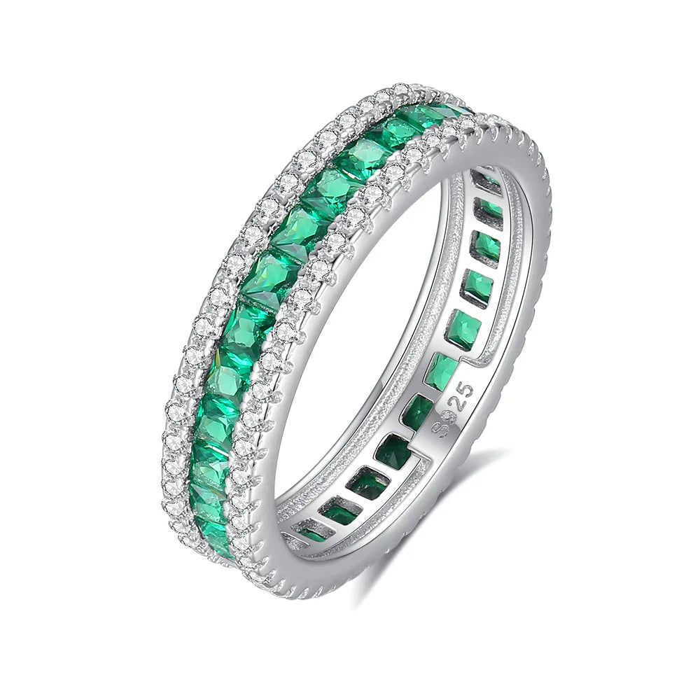 Bague carrée MUSHAN Luxury Jewelry en argent sterling S925, ornée d'une double rangée de diamants verts, bijou élégant pour femme