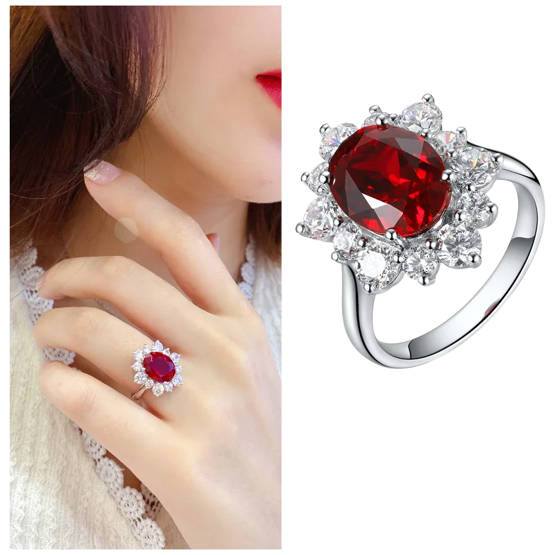 MUSHAN Bague personnalisée en argent sterling 925, bague classique ovale avec émeraude rouge de laboratoire pour femme, plaqué or 18 carats, bague d'anniversaire