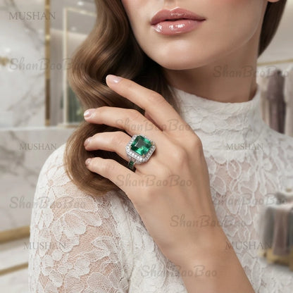 ShanBaoBao Luxury Jewelry 925 Sterling Silver Ring Band 12ctw High Carbon Diamond Green Gemstones Rings For Women s925 Jewelry