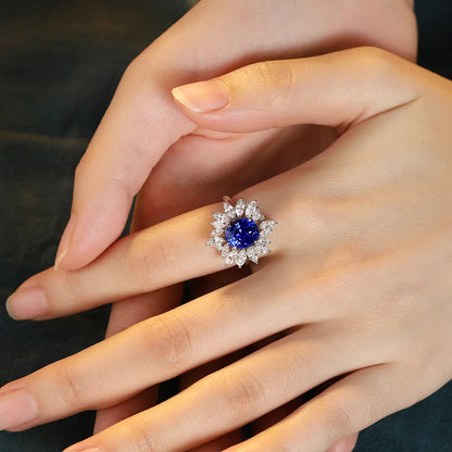 MUSHAN Custom Jewelry 925 Sterling Silver Ring Lab Blue Ruby Round Party Ring for Women 18K Gold Plated Anniversary Rings