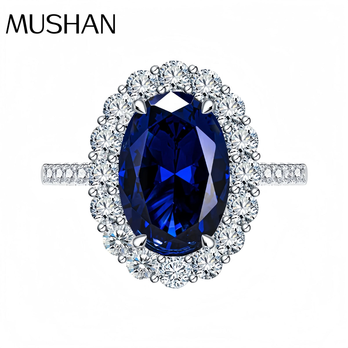 MUSHAN Luxury Jewelry 925 Sterling Silver Rings Bands For Women 4.4 Carat Blue HCD Gemstones Sapphire 8*12mm Oval Ring Jewelry
