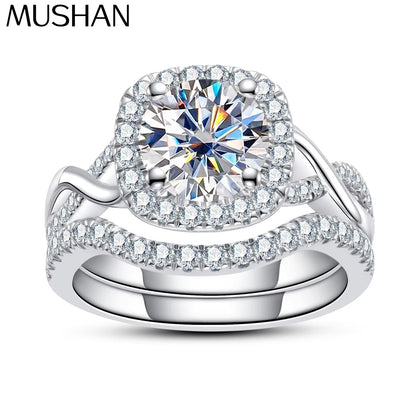 Anillo de joyería de lujo MuShan de plata de ley 925 con moissanita redonda, anillo navideño para dama bañado en oro de 18K, anillos finos con patente MST