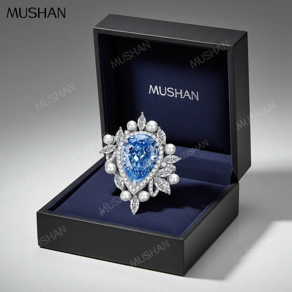MUSHAN Luxury Jewelry 925 Sterling Silver Rings Bands High Carbon Gemstones 11*15mm Aquamarine Water Drop Ring S925 Fine Jewelry