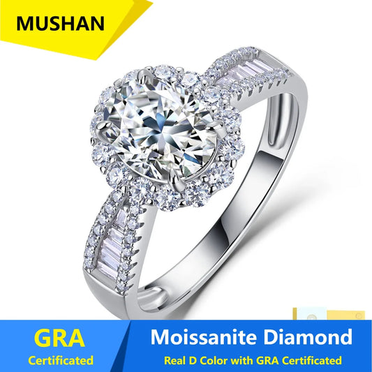 Anillo de lujo MUSHAN de plata de ley 925 para mujer, banda con diamante de moissanita GRA de 6x8 y 2.1ct, color D, joyería fina
