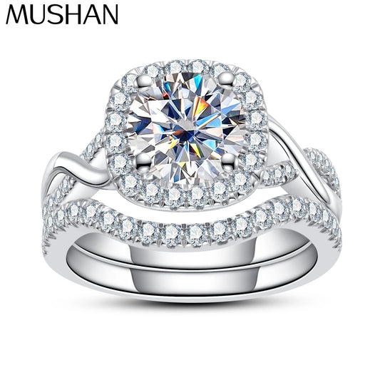 MuShan Luxury Jewelry 925 Sterling Silver Ring Round Moissanite Christmas Ring Ladies 18K Gold Plated MST Patent Fine Rings