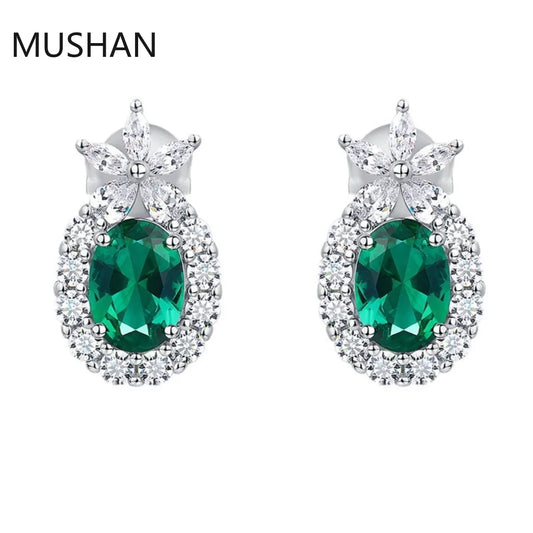 MUSHAN Luxury Jewelry S 925 Sterling Silver Stud Earrings Women GRC Certificated Lab Grown Emerald Earrings Stud Ear Pin Jewelry