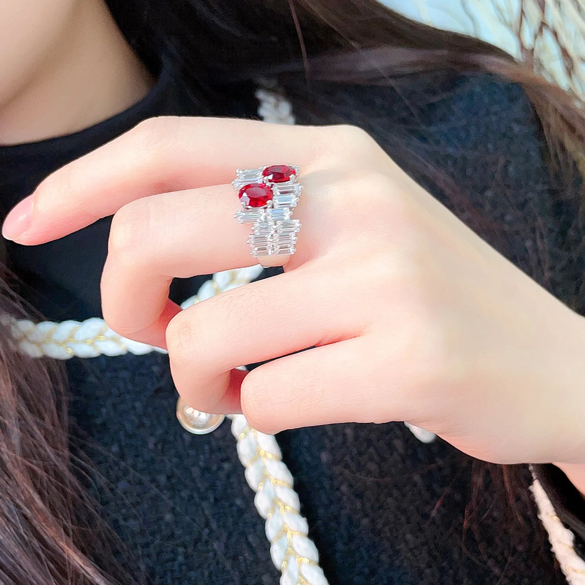 MUSHAN Custom Jewelry 925 Sterling Silver Ring Lab Red Emerald Asscher Formal Ring for Women 18K Gold Plated Anniversary Rings