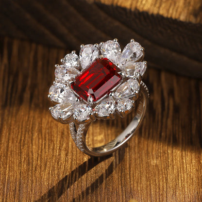 MUSHAN Custom Jewelry 925 Sterling Silver Ring Lab Red Ruby Radiant Modern Ring for Women 18K Gold Plated Anniversary Rings
