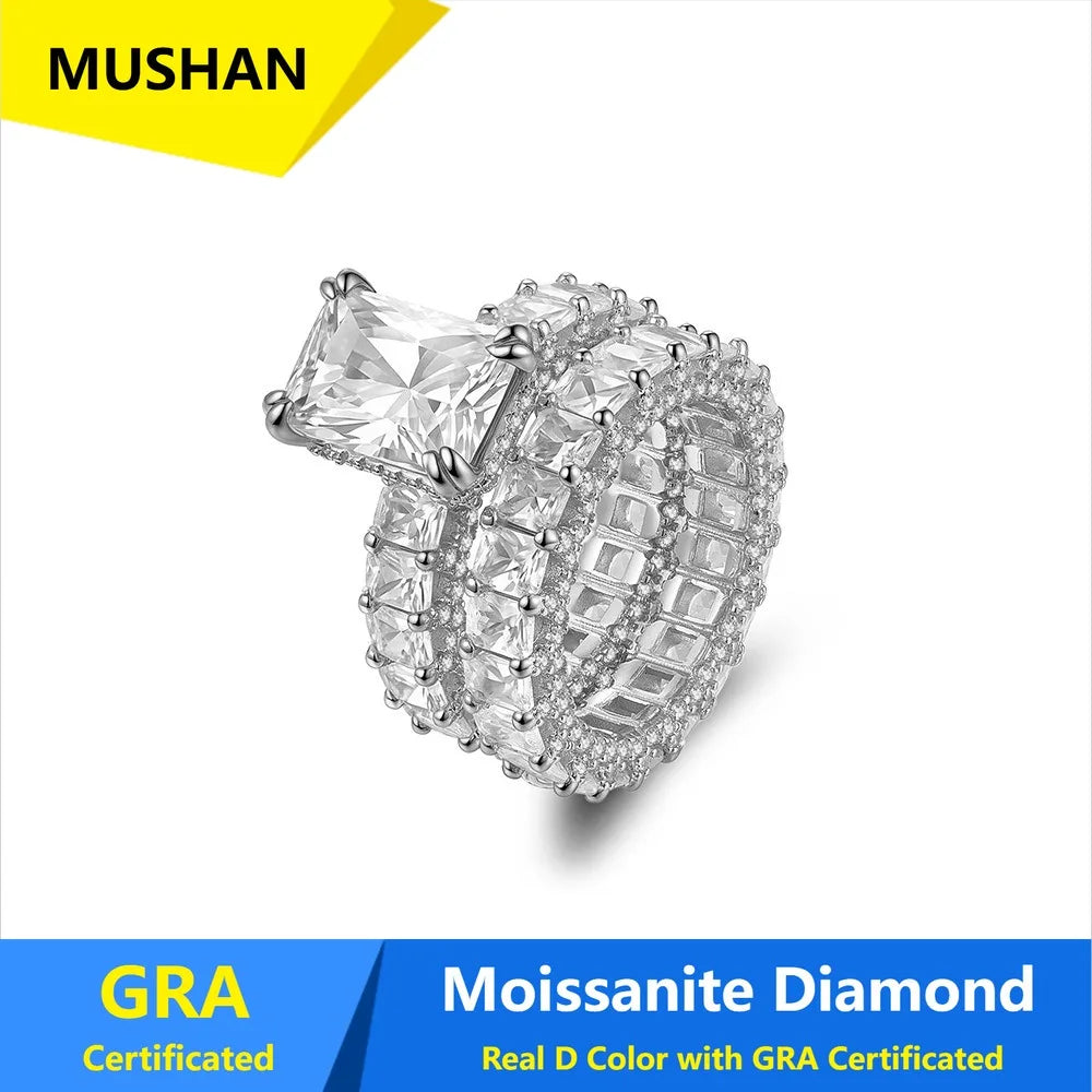 Anillo de lujo MUSHAN de plata de ley 925 para mujer, con diamante de moissanita certificado por GRA, esmeralda, color D, joyería fina