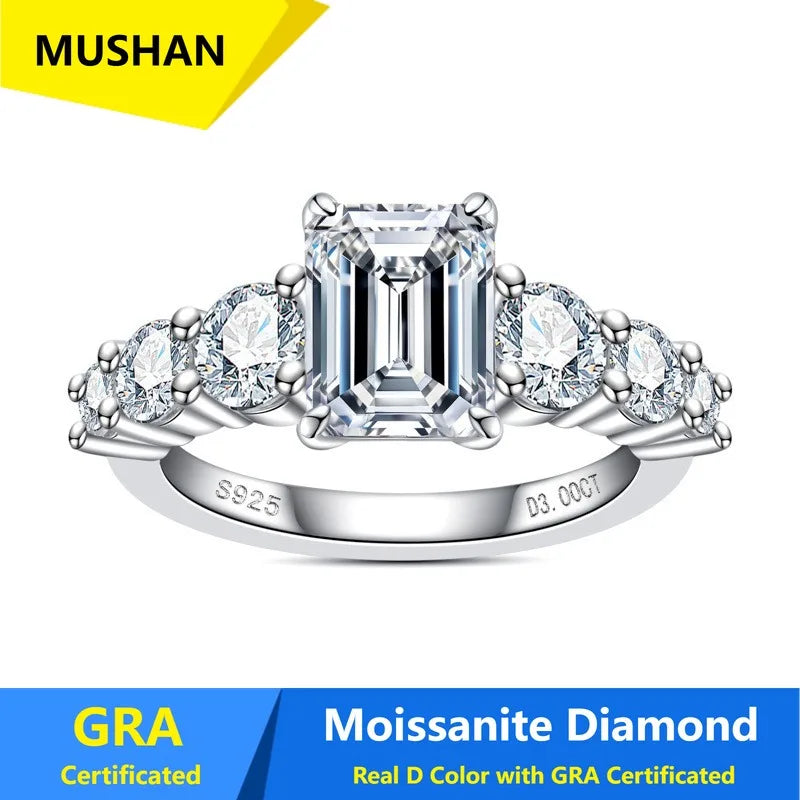 MUSHAN Luxury Jewelry 925 Sterling Silver Ring Band Women GRA Certificated Moissanite Diamond Emerald D Color Rings Fine Jewelry