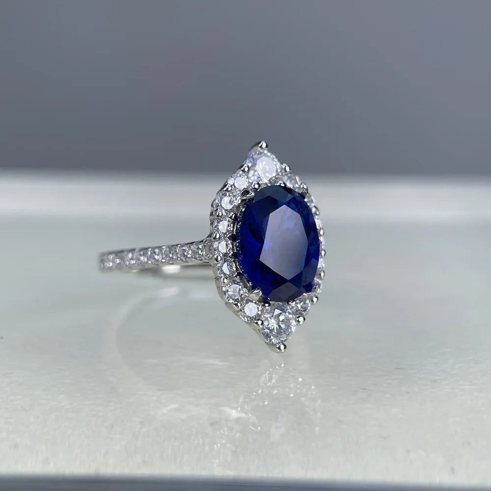 MuShan Designer Jewelry 925 Sterling Silver Ring Blue High Carbon Diamond Gemstones Rings Band for Women Rhodium Plated Rings