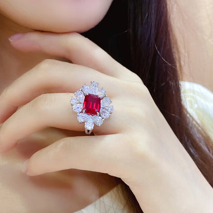 MUSHAN Custom Jewelry 925 Sterling Silver Ring Lab Red Ruby Radiant Modern Ring for Women 18K Gold Plated Anniversary Rings