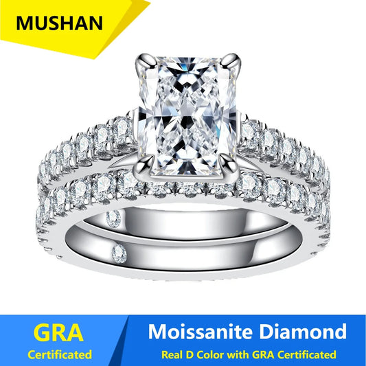 Anillo de compromiso de plata de ley 925 MUSHAN Luxury Jewelry para mujer, con diamante de moissanita color D certificado por GRA, esmeralda, joyería fina
