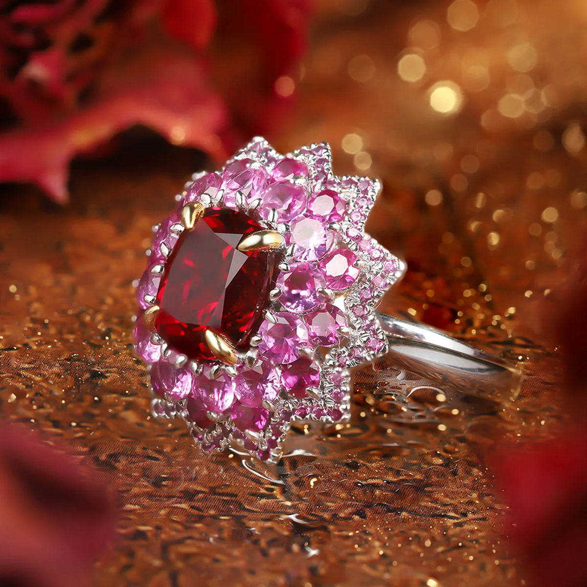 MUSHAN Custom Jewelry 925 Sterling Silver Ring Lab Grown Ruby Cushion Luxury Ring for Women 18K Gold Plated Anniversary Rings