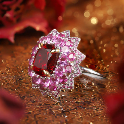 MUSHAN Custom Jewelry 925 Sterling Silver Ring Lab Grown Ruby Cushion Luxury Ring for Women 18K Gold Plated Anniversary Rings
