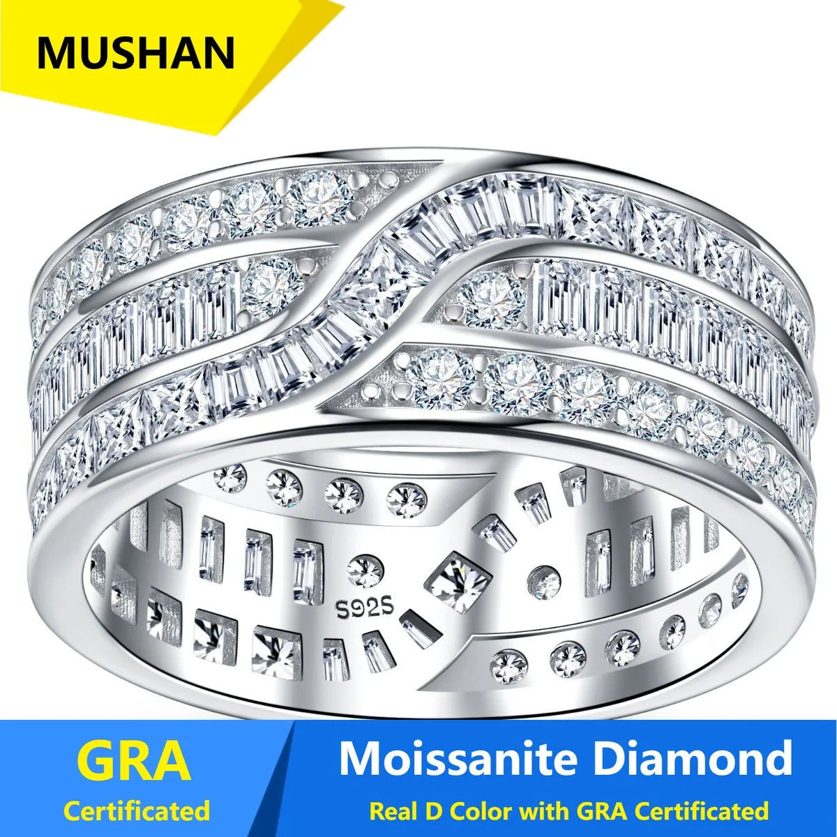 Anillo de lujo MUSHAN de plata de ley 925 para mujer, con diamante de moissanita certificado por GRA, esmeralda, color D, joyería fina