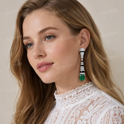 MuShan Jewelry 925 Sterling Silver Drop Earrings Women Black Enamel 2.5ctw Green Gemstones 79mm Long Earrings Stud Fine Jewelry